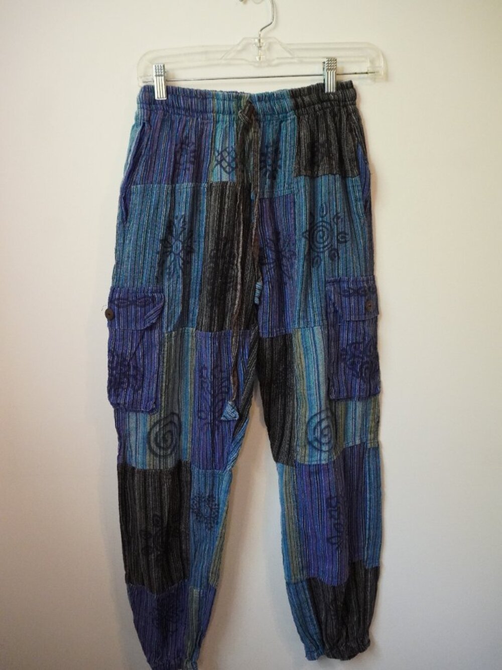 Blue Patchwork Hippie Boho Cotton Pants Tie Waist Size Medium
